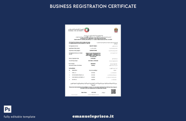Certificato di registrazione IVA degli Emirati Arabi Uniti in stile verificato M